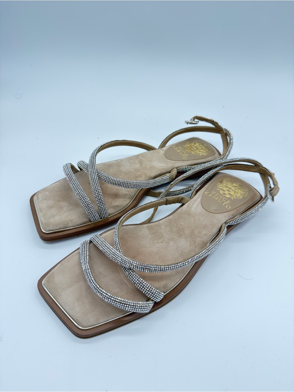 Vince Camuto Taupe Strappy Crystal-Trim Slingback Sandals
